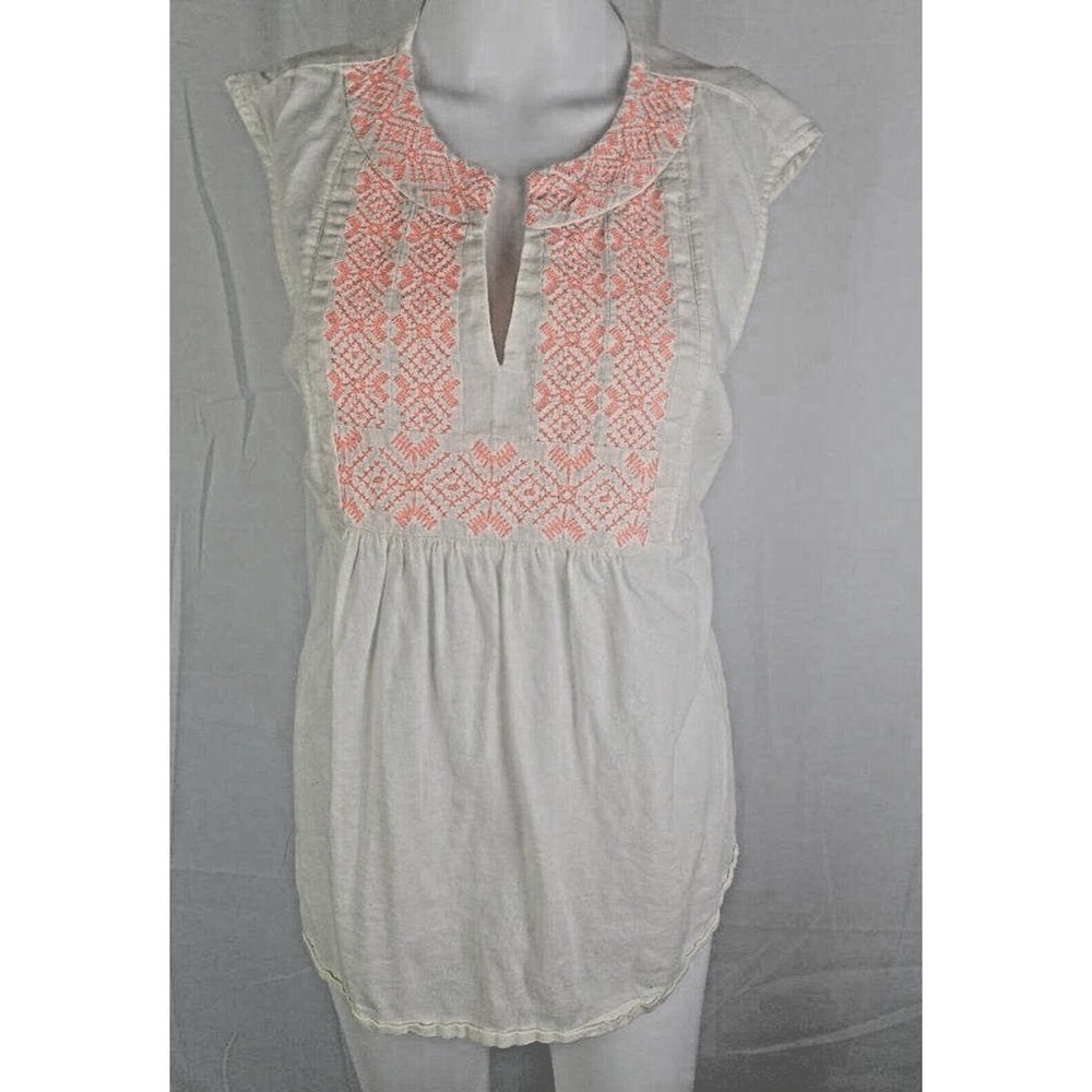 OLD NAVY Maternity‎ Peasant Top XS White Pink Embroidered Boho Tunic Blouse Tank